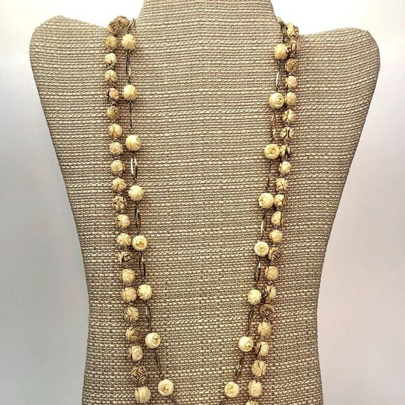 Vintage Cabbage Rose Bone Boho Necklace Set (2) Silk Knotted - Picture 11 of 11